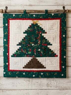 Handmade Christmas Tree Quilted Wall Hanging Holiday Decor Festive Log Cabin